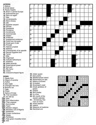 American Crossword puzzle game with 15 x 15 squares with clues and solution.