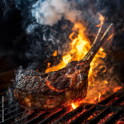 A high-angle shot of a tomahawk steak on a grill, surrounded by flames that leap up and char the edges of the meat. The steak is thick and juicy, with perfect grill marks and a rich