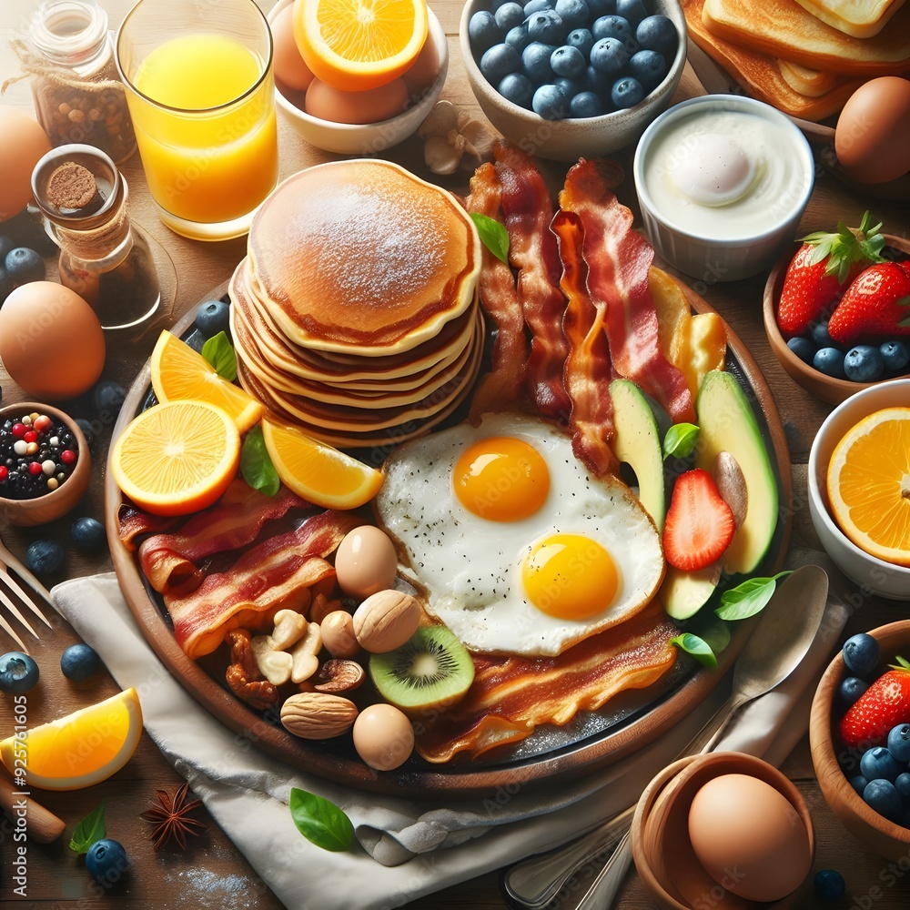 Delicious and Abundant Breakfast Spread with Pancakes, Bacon, Eggs, and Fruit Delicious and Abundant Breakfast Spread with Pancakes, Bacon, Eggs, and Fruit