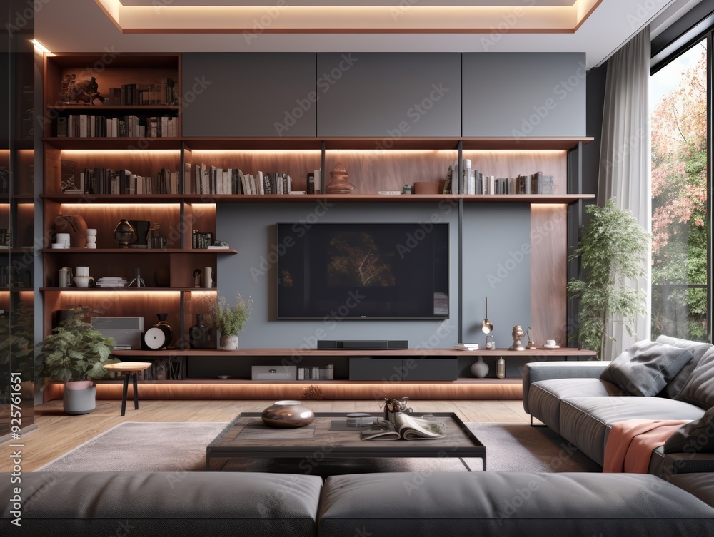 Modern living room with a large TV, a grey couch, and a coffee table with a book and a decorative object. Modern living room with a large TV, a grey couch, and a coffee table with a book and a decorative object.