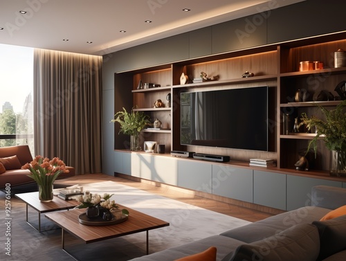 Modern living room with a large TV, wood shelves, and a gray sofa.