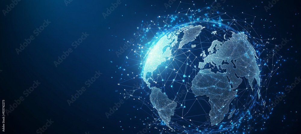 Obraz premium Abstract blue digital background with glowing network connections and global connection concept on a dark blue backdrop. Abstract technology, internet, or business theme vector illustration design ele