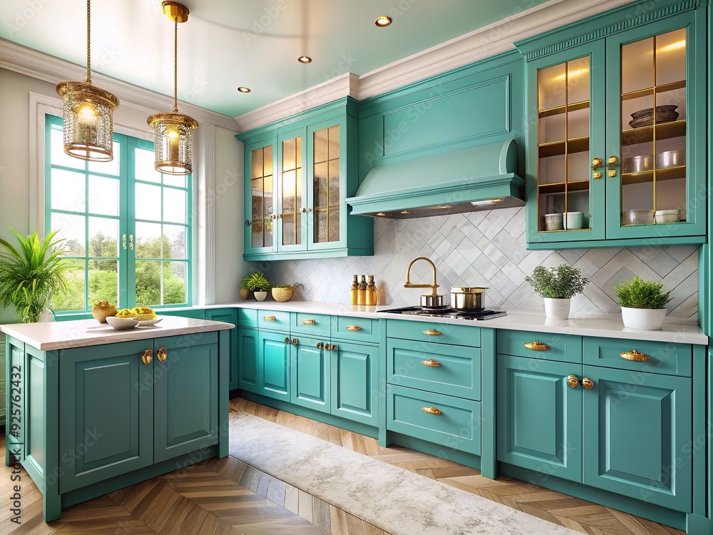 Vibrant turquoise painted kitchen cabinets with ornate gold hardware adorn a cozy kitchen with crisp white countertops and natural stone flooring. Vibrant turquoise painted kitchen cabinets with ornate gold hardware adorn a cozy kitchen with crisp white countertops and natural stone flooring.
