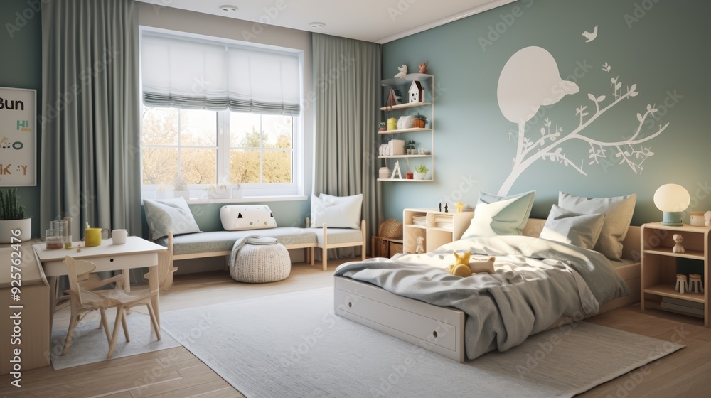 Obraz premium Modern kids bedroom with a white bed, a wooden desk with two chairs, a bench under the window with pillows, a nightstand with a lamp, a bookshelf with decorations, and a rug on the wooden floor.