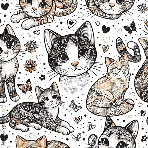 Cute Ornamental Cat Seamless Pattern