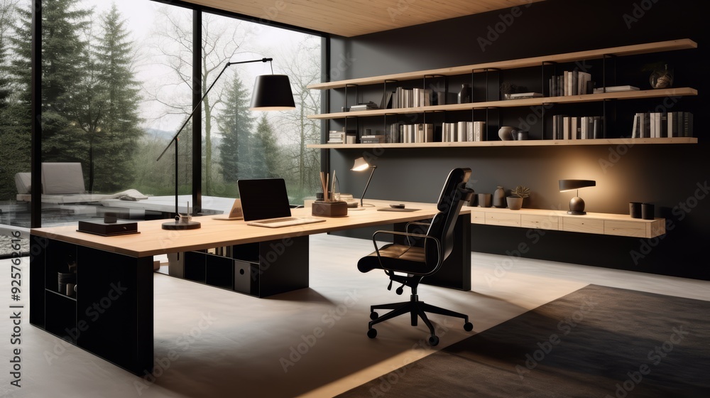 Modern home office with black desk, wooden shelves, and a view of the forest. Modern home office with black desk, wooden shelves, and a view of the forest.