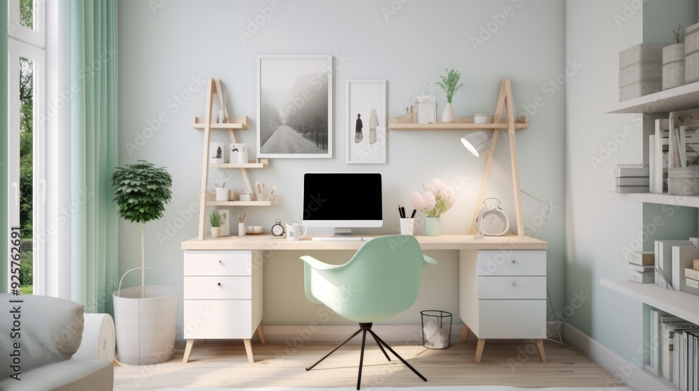 Modern home office with a white desk and a mint green chair. Modern home office with a white desk and a mint green chair.