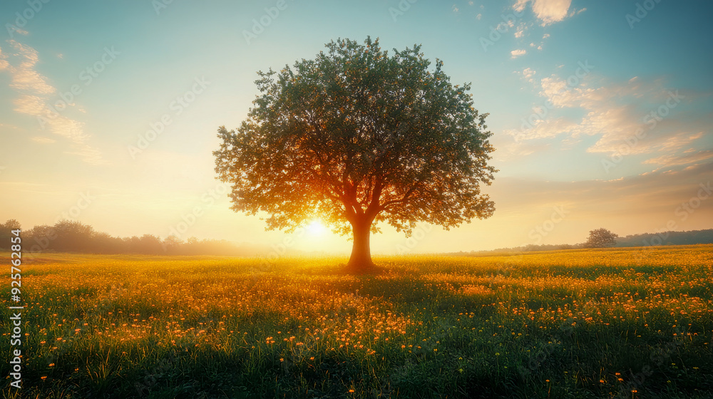 Obraz premium Sun is shining through branches of lonely growing oak tree at dawn
