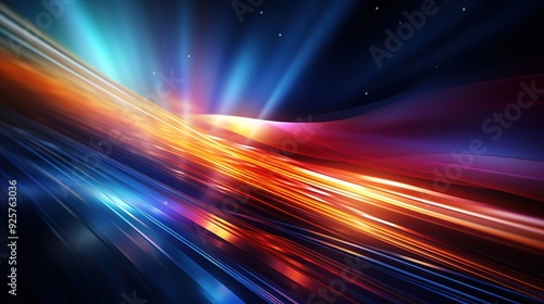 Abstract background with diagonal lines and glowing lights in blue, red, and yellow hues.