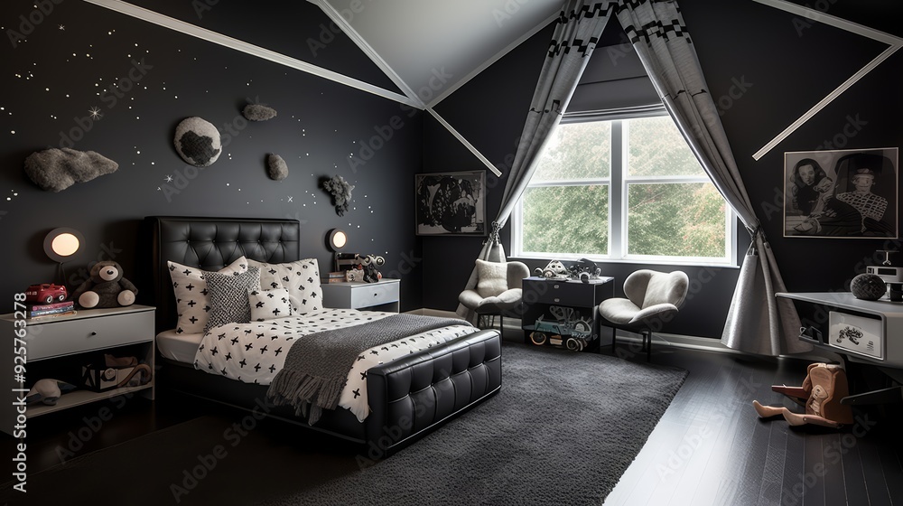 Fototapeta premium Modern bedroom with black walls, a leather bed, and a plush rug, with a window view of a green tree.