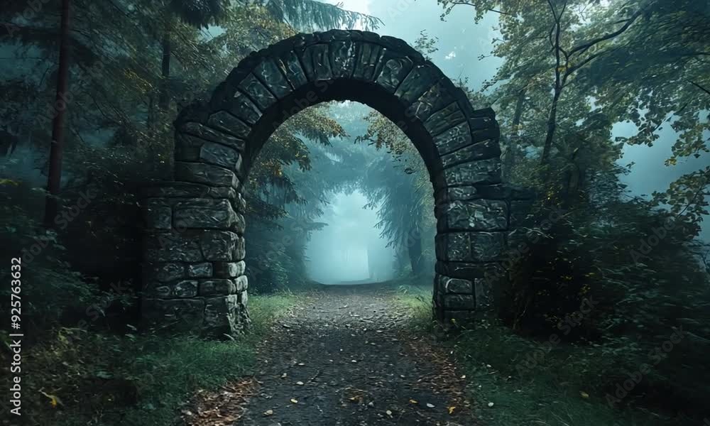Archway in an enchanted fairy forest landscape, misty dark mood, can be used as background Archway in an enchanted fairy forest landscape, misty dark mood, can be used as background
