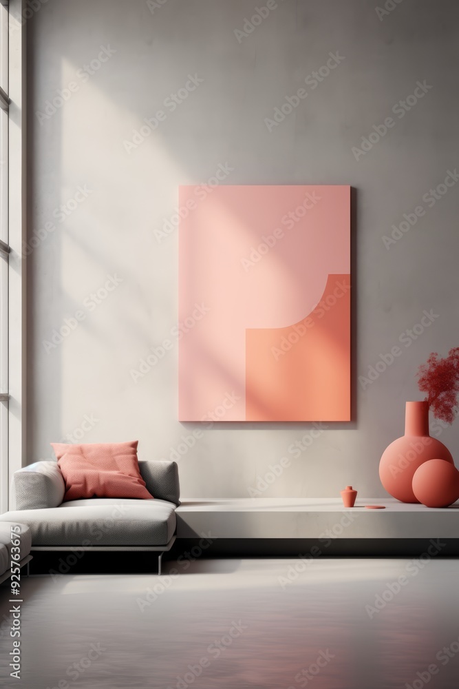 Minimalist living room with a pink and orange abstract art piece, a sofa and a vase with dried flowers on a shelf. Minimalist living room with a pink and orange abstract art piece, a sofa and a vase with dried flowers on a shelf.