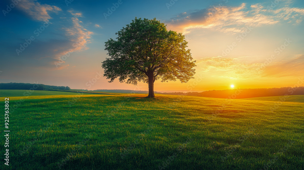Obraz premium The golden hour illuminating a peaceful landscape with a lonely tree standing on a hill