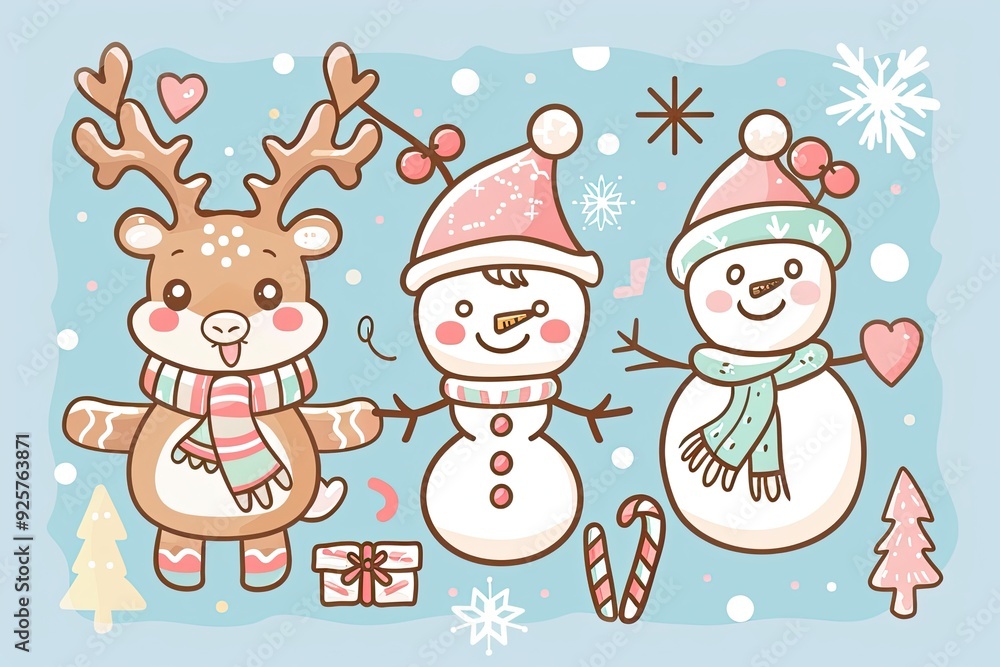 A cute, kawaii style illustration featuring adorable holiday characters like chibi reindeer, snowmen, and gingerbread cookies in pastel colors A cute, kawaii style illustration featuring adorable holiday characters like chibi reindeer, snowmen, and gingerbread cookies in pastel colors