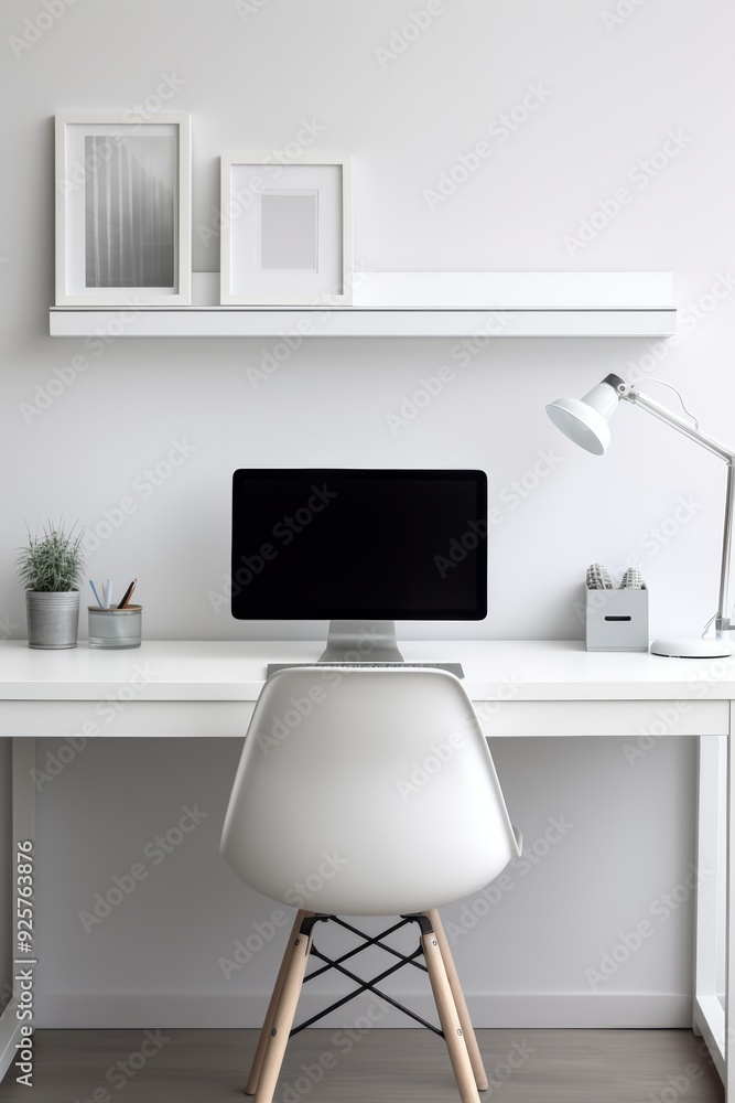 Fototapeta premium Minimalist home office workspace with white desk, chair, and lamp.