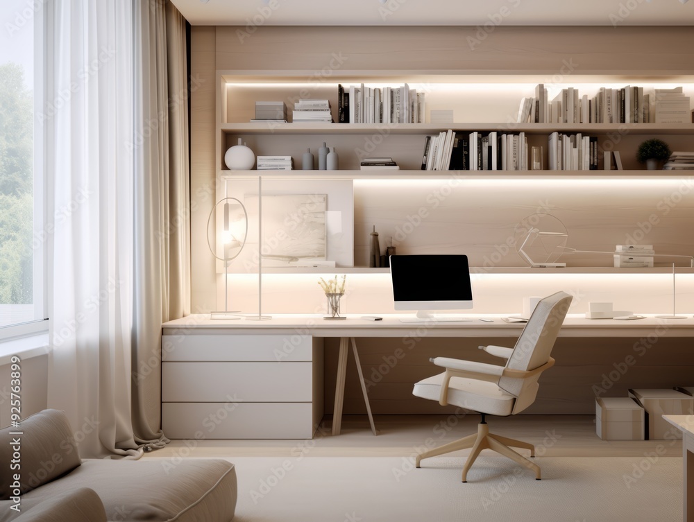 Fototapeta premium Minimalist Home Office with Wooden Desk, White Chair, and Built-in Bookshelves.