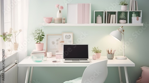 Wallpaper Mural Minimalist home office workspace with a laptop, desk lamp, and decorative elements. Torontodigital.ca