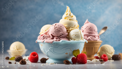 This image shows five ice cream cones with different flavors, some with melted ice cream and toppings. There are also some strawberries and other fruit. photo