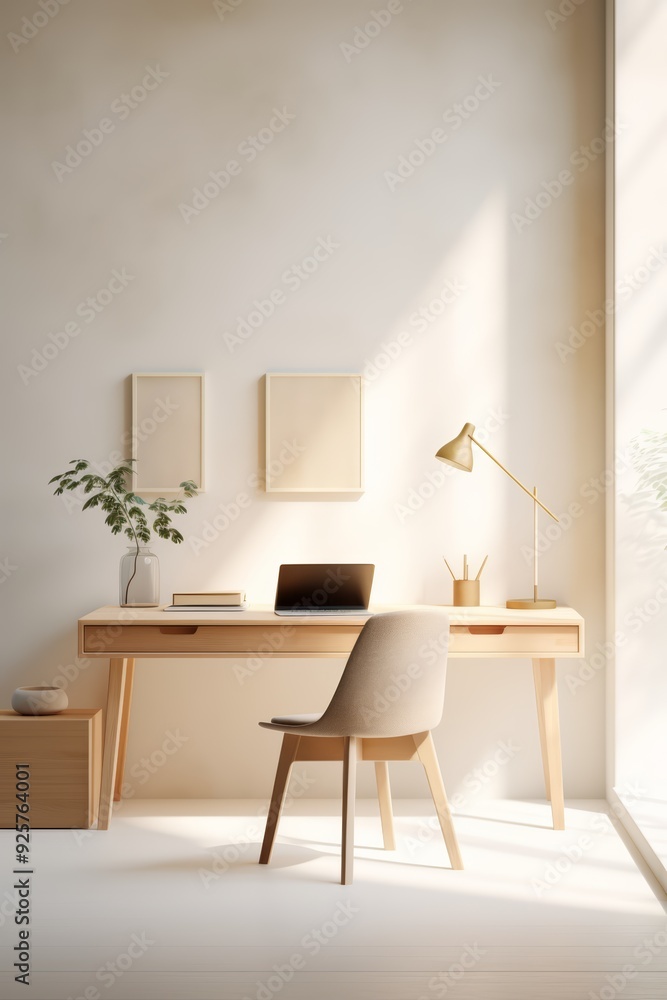 Minimalist home office with wooden desk, chair, and laptop. Minimalist home office with wooden desk, chair, and laptop.