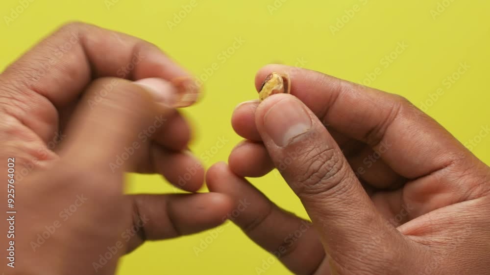 In the closeup image, hands are seen peeling pistachios next to a bowl of nuts In the closeup image, hands are seen peeling pistachios next to a bowl of nuts