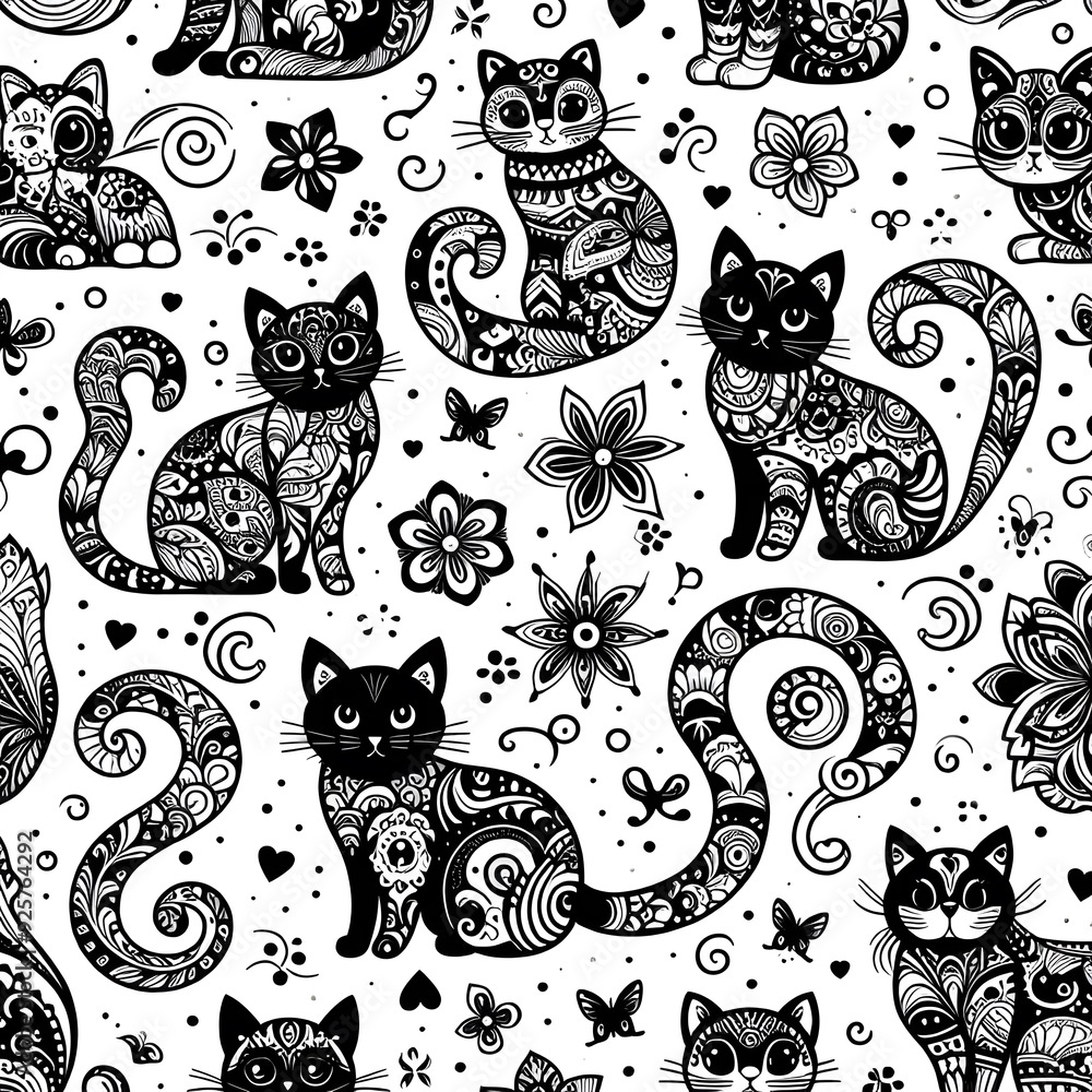 Ornamental Cat Seamless Pattern in Black and White Ornamental Cat Seamless Pattern in Black and White