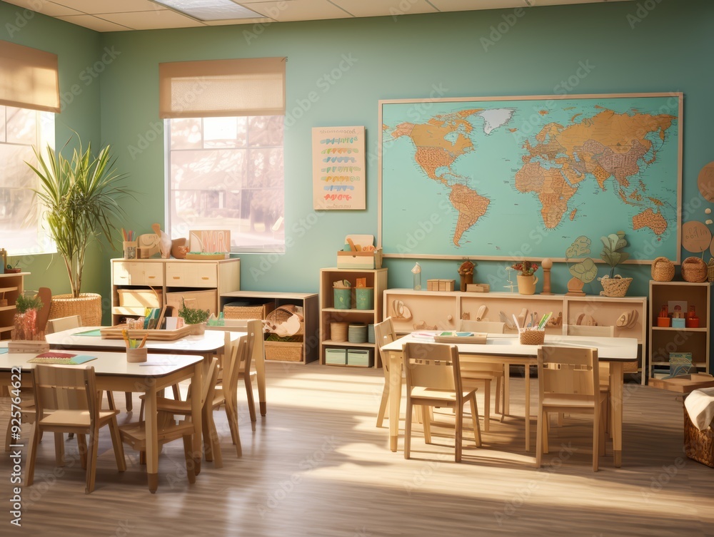 Light and airy classroom with wooden tables and chairs, a world map on the wall, and plants. Light and airy classroom with wooden tables and chairs, a world map on the wall, and plants.
