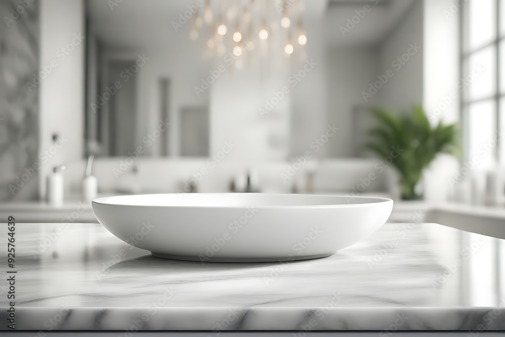 Fototapeta premium Empty marble tabletop or counter with display product. Blur image of bath room background.