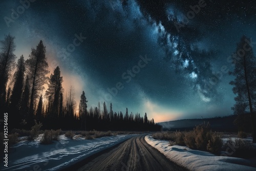 Milky Way Over Snowy Road