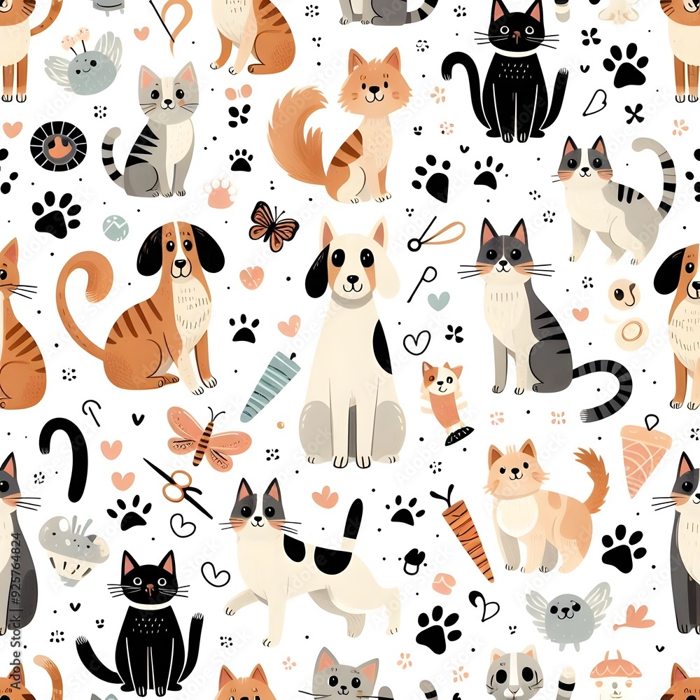 Seamless Pattern of Cute Cats and Dogs with Hearts and Paw Prints Seamless Pattern of Cute Cats and Dogs with Hearts and Paw Prints