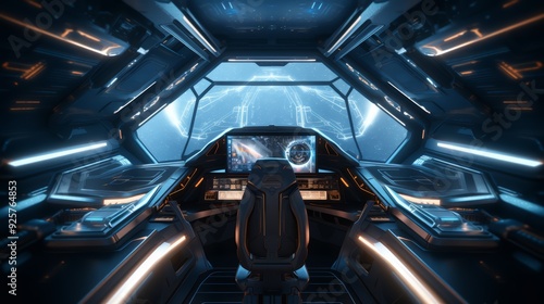 Futuristic spaceship cockpit with a view of space.