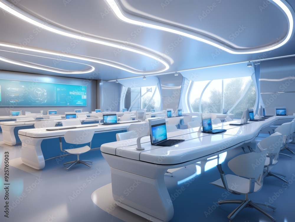 Futuristic classroom interior with white desks, chairs, and glowing blue lights. Futuristic classroom interior with white desks, chairs, and glowing blue lights.