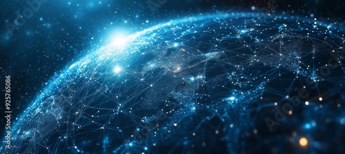 Abstract digital background with glowing network connections and a global map, symbolizing technology, connectivity, data transfer, and cyber security in a futuristic style