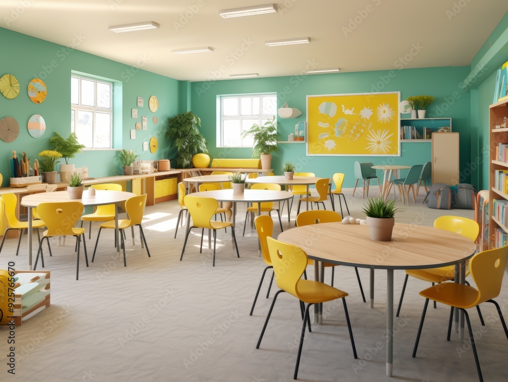 Bright and cheerful classroom with yellow chairs and tables, green walls, and windows. Bright and cheerful classroom with yellow chairs and tables, green walls, and windows.