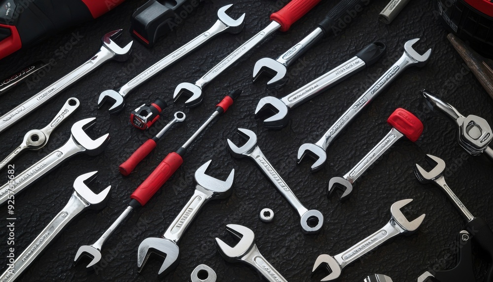Fototapeta premium top view illustration of an assortment of car mechanics tools, including a digital multimeter, calipers, and a set of sockets, placed on a metal workbench with a grid pattern