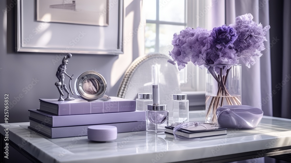 A white marble table with a lavender bouquet, books, and decorative items, bathed in soft light. A white marble table with a lavender bouquet, books, and decorative items, bathed in soft light.