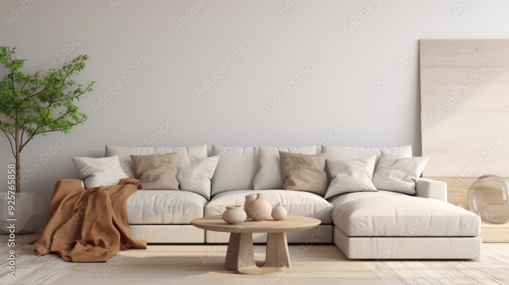 Obraz premium A white sectional sofa with throw pillows and a brown blanket sits in front of a white wall with a wooden panel behind it.