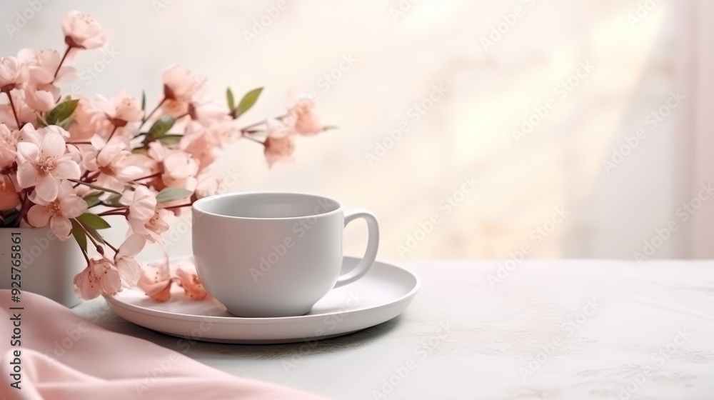 A white coffee cup and saucer sit on a white table next to a bouquet of pink flowers with a soft, blurred background. A white coffee cup and saucer sit on a white table next to a bouquet of pink flowers with a soft, blurred background.