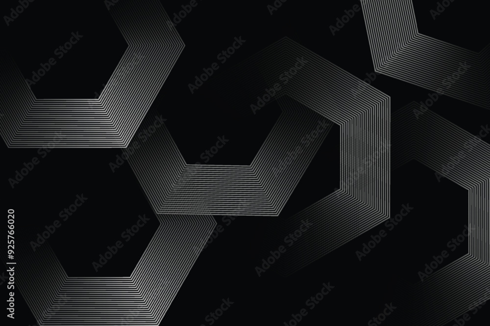 Abstract glowing geometric lines on black background. Modern shiny hexagon lines pattern. Geometric line art design. Vector