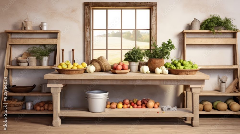 A rustic kitchen table with fruit, vegetables, and a window view. A rustic kitchen table with fruit, vegetables, and a window view.