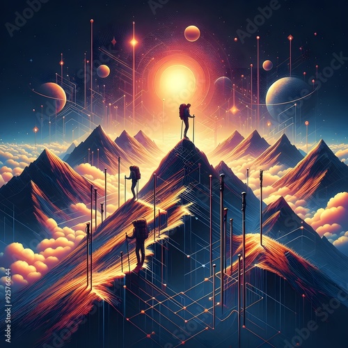 Hikers Reaching the Summit of a Mountain with a Futuristic and Abstract Landscape