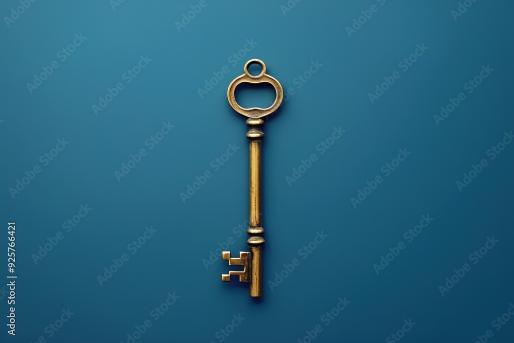 A golden key with an ornate handle is floating in the air on a blue background A golden key with an ornate handle is floating in the air on a blue background