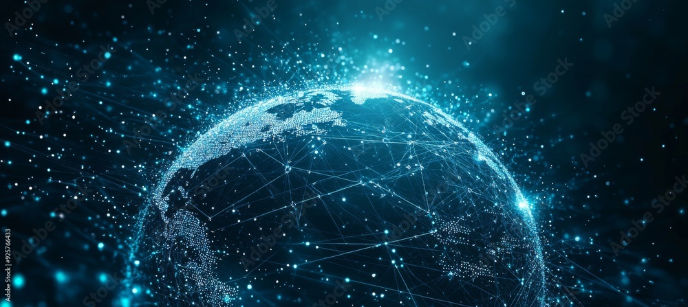 Obraz premium Abstract blue digital background with glowing network connections and global connection concept on a dark blue backdrop. Abstract technology, internet, or business theme vector illustration design ele