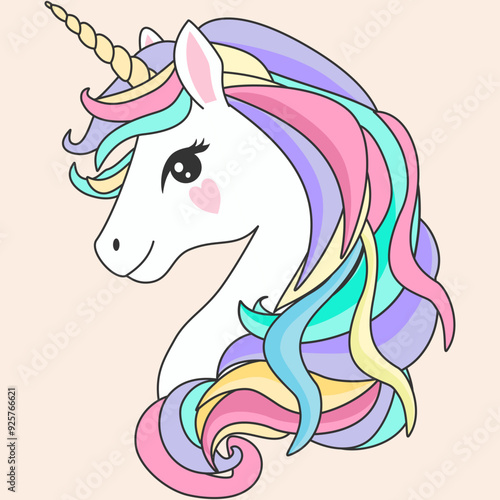 Cute unicorn head with horn in colorful rainbow pastel design, vector illustration design for cartoon children, baby card, decorating birthday party, shirt, sticker