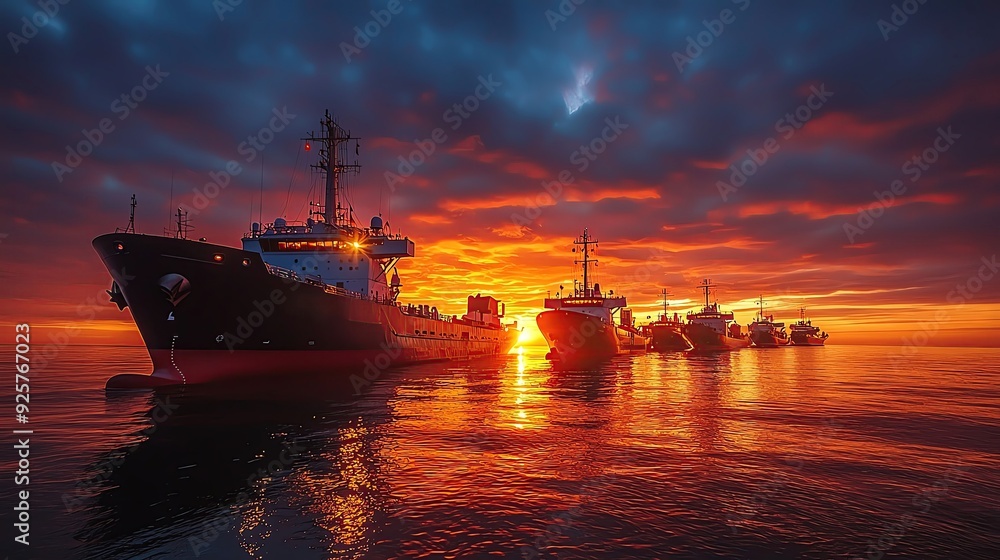 Stunning sunset over a fleet of ships, reflecting warm hues on calm waters, creating a serene and picturesque maritime scene. Stunning sunset over a fleet of ships, reflecting warm hues on calm waters, creating a serene and picturesque maritime scene.