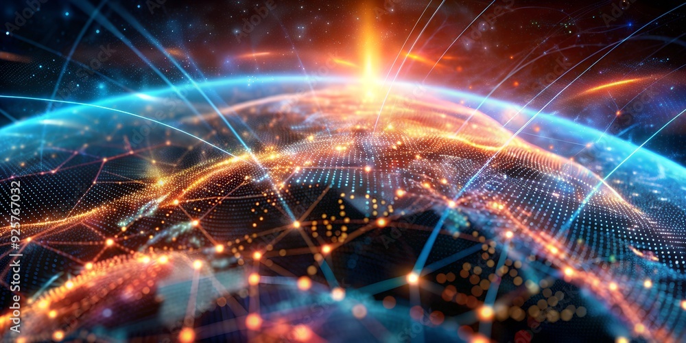 Obraz premium high-tech background featuring dynamic geospatial data visualizations. As well as elements such as digital maps, data points, and interconnected networks