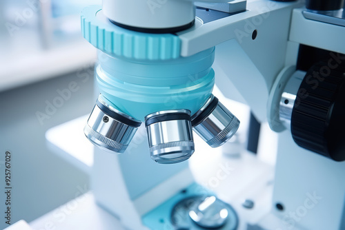 Close - up of Microscopes lens in Laboratory at cytology and pathology department , Medical amd health care, Medical equipment diagnosis concept.