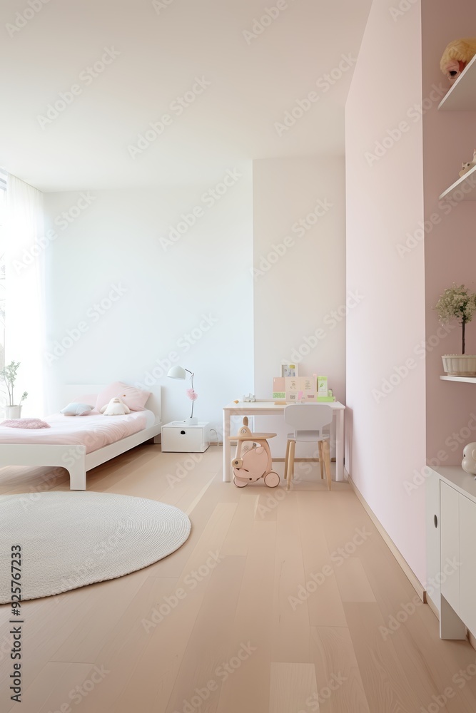 A light and airy bedroom with a white bed, a pink accent wall and a white desk with a chair. A light and airy bedroom with a white bed, a pink accent wall and a white desk with a chair.