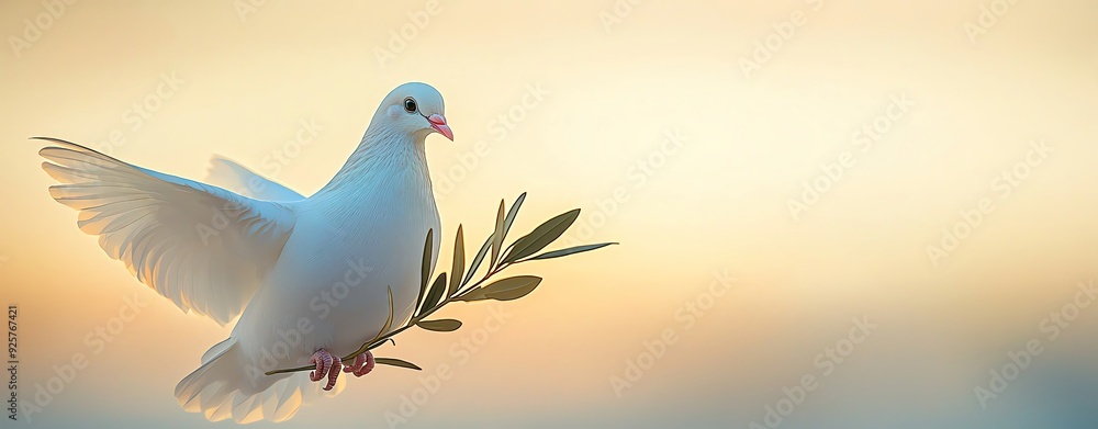 Fototapeta premium A graceful white dove carries an olive branch, symbolizing peace and hope, against a dreamy pastel sky at sunset.