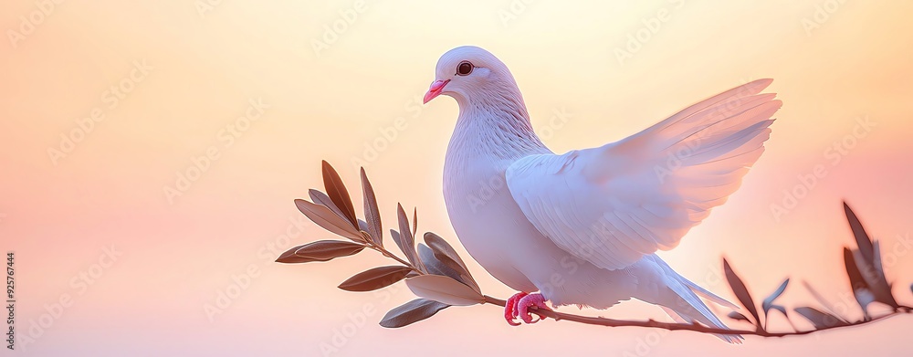 Obraz premium A serene white dove perched gracefully on an olive branch, symbolizing peace against a soft, colorful sunset backdrop.
