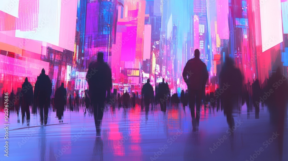 Futuristic Urban Promenade - Digital Art Illustration of Crowded City Street with People Walking in Tech Style Futuristic Urban Promenade - Digital Art Illustration of Crowded City Street with People Walking in Tech Style